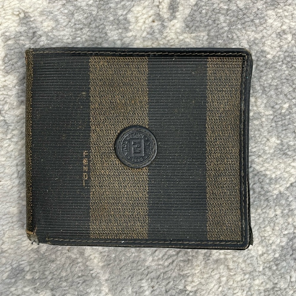 Fendi Tobacco Pequin Coated Canvas Bifold Wallet Stripe Compact